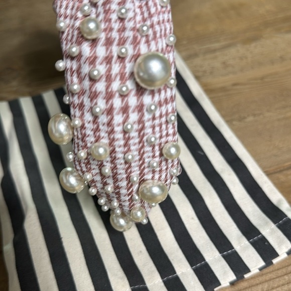 Lele Sadoughi Headband Pink and White Houndstooth w mixed pearl colored beads